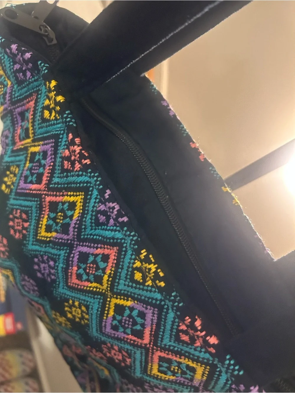 Boho Diamond-Embroidered hobo-style Bag - Black with Teal, Pink & Yellow Accents